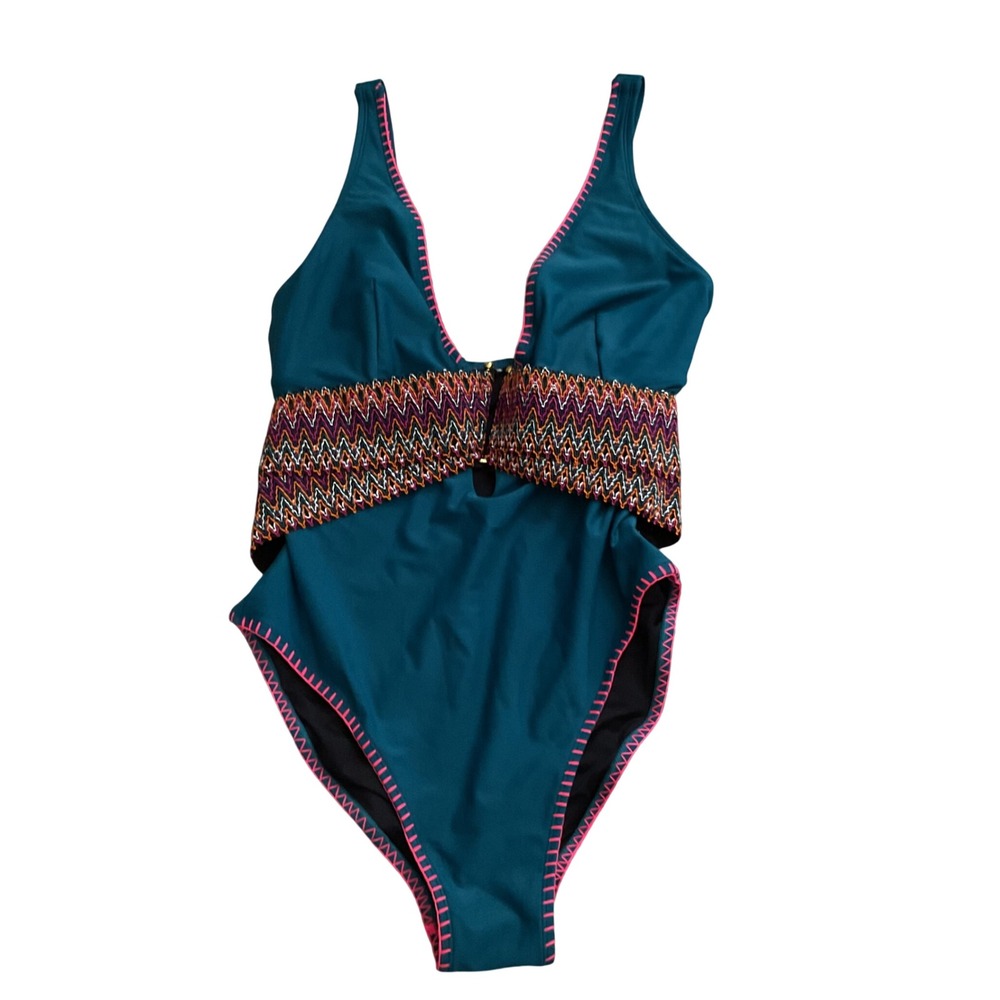 Boho Teal One Piece Swimsuit Pink Whipstitch Chevron Smocked Waist V-Neck